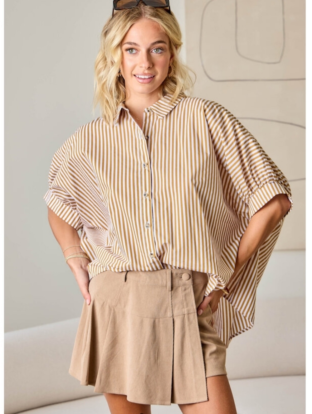Day + Moon TEAGAN OVERSIZED STRIPED BUTTON DOWN-MUSTARD BROWN M